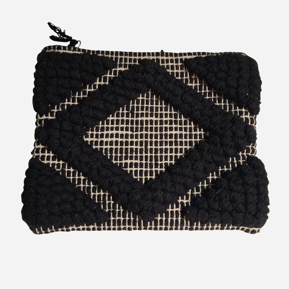 World Market boho Black and cream clutch makeup bag geometric woven purse